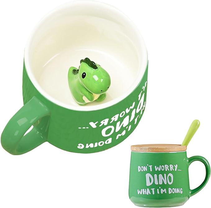 BigNoseDeer Cute Dinosaur Mug Ceramic Coffee Mug with 3D Cartoon Dino Inside,Funny Mugs with lid Spoon,White Elephant Gifts for Adults,Gag Gifts for Women Animal Gift Cute Stuff Cool Stuff