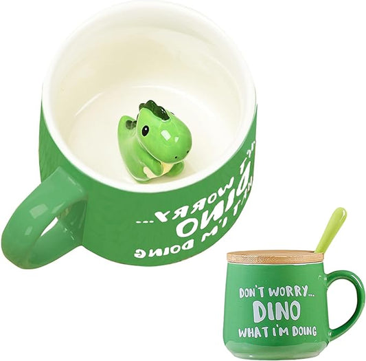 BigNoseDeer Cute Dinosaur Mug Ceramic Coffee Mug with 3D Cartoon Dino Inside,Funny Mugs with lid Spoon,White Elephant Gifts for Adults,Gag Gifts for Women Animal Gift Cute Stuff Cool Stuff