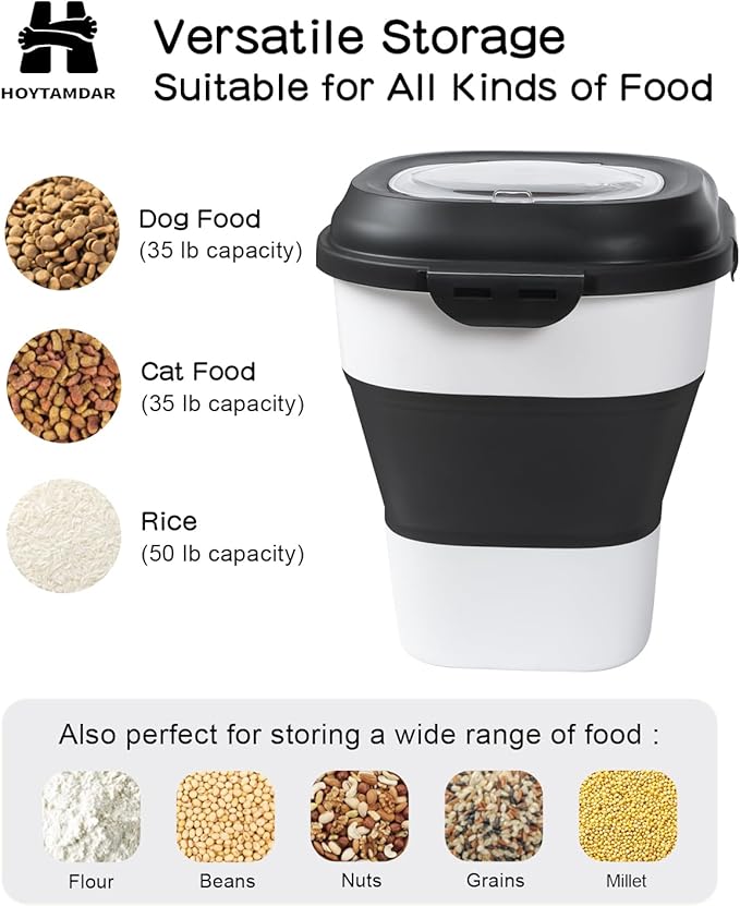 35LBS Collapsible Dog Food Storage Container, Pet Dog Pantry Large Containers Bin with Wheels,Scoop & 2pcs Food Storage Containers, Kitchen Cereal Flour Rice Leakproof Dry Holder-Black