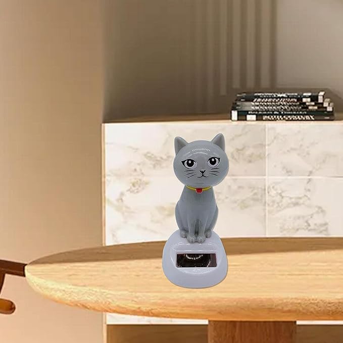 BWESOO Gray Cute Solar Powered Dancing Cat Figure - Swinging Solar, Cat Figurine Statue Swinging Car Dashboard Decoration Ornaments Dancing Car Dashboard Office Home Desk Decor
