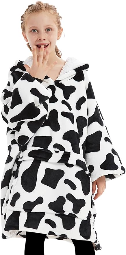 KFUBUO Wearable Blanket Hoodie for Kids Sherpa Patterns Oversized Sweatshirt Blanket With Pocket 6-10 Year Old Girl Boy Birthday Gifts Cow