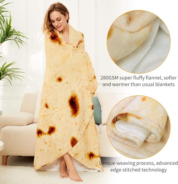 Burrito Tortilla Throw Blanket, 2.0 Double Sided Burritos Taco Tortilla Wrap Blankets for Adults Kids, Giant Funny Realistic Food Blankets, Soft Flannel Round Throw Blanket 80in