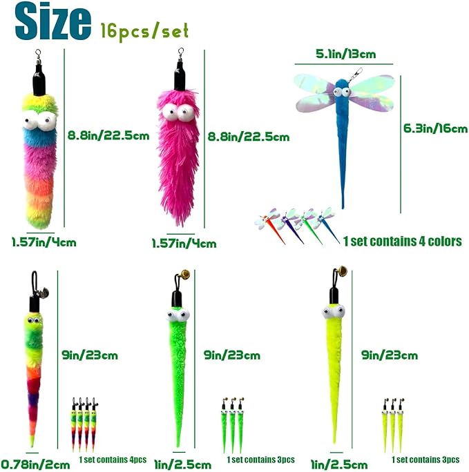 Cat Worm Toy Refills Cats Teaser Toys Cat Wand Refill Wand Replacement Cat Wand Attachments Cat Fishing Pole Toy Refill 16Pcs Cat Worms Refill,Cat Wand Toy Assorted Teaser Refills
