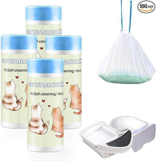 100 Count Self-Cleaning Cat Litter Box Liners 25.6" x 16.5" Compatible with Litter Robot Automatic Cat Litter Box, Drawstring Heavy Duty Cat Litter Bags, 7-9 Gallon Trash Bag (4 Roll)