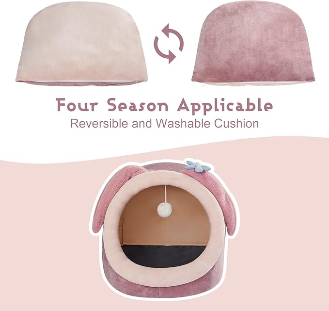 Jiupety Cat Bed Cave, Pink Cat Bed for Indoor Cats, Soft Cozy Cat Bed Cave Fit for Cat Up to 16 Lbs and Puppy, Pink Rabbit, M.