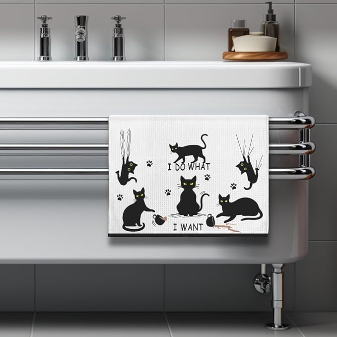 Cat Hand Towel, Black, Polyester, Farmhouse Style, Cat Pattern, Kitchen Decoration