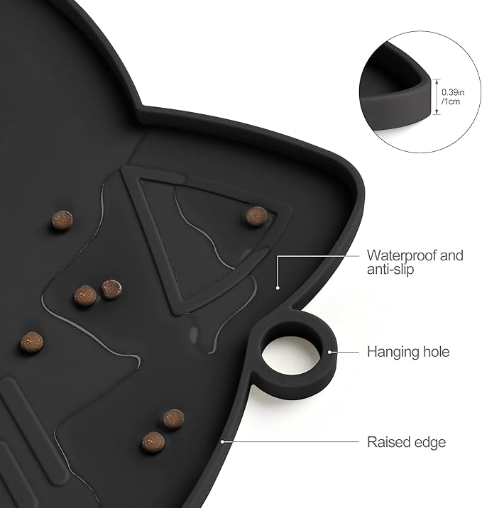 Coomazy Cat Food Mat, Thicker Dog Feeding Mat for Food and Water, Waterproof Non-Slip Silicone Mat for Floor, Dog Food Mat with Raised Edge to Prevent Food Spills and Water Runoff (Black, Medium)