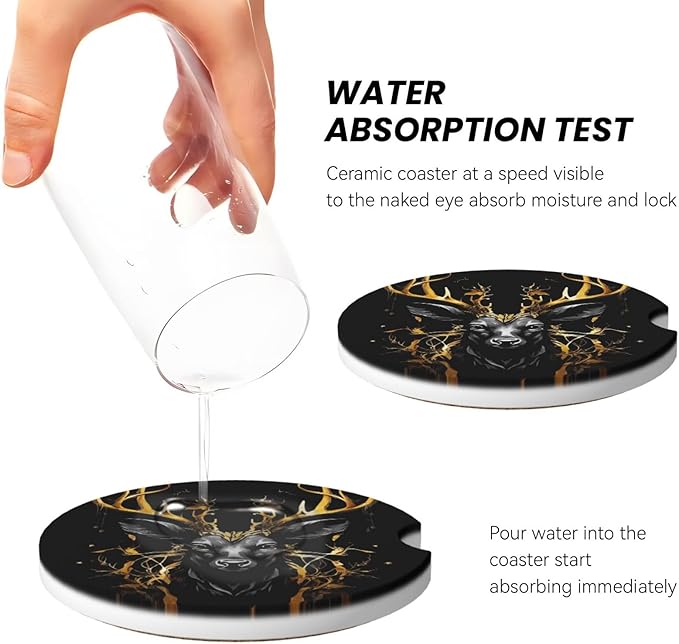 Absorbent Ceramic Car Coasters for Cup Holders, Black Gold Deer Design 2.56" Anti Slip Universal Drink Cup Coasters for Women Men (2 Pack)
