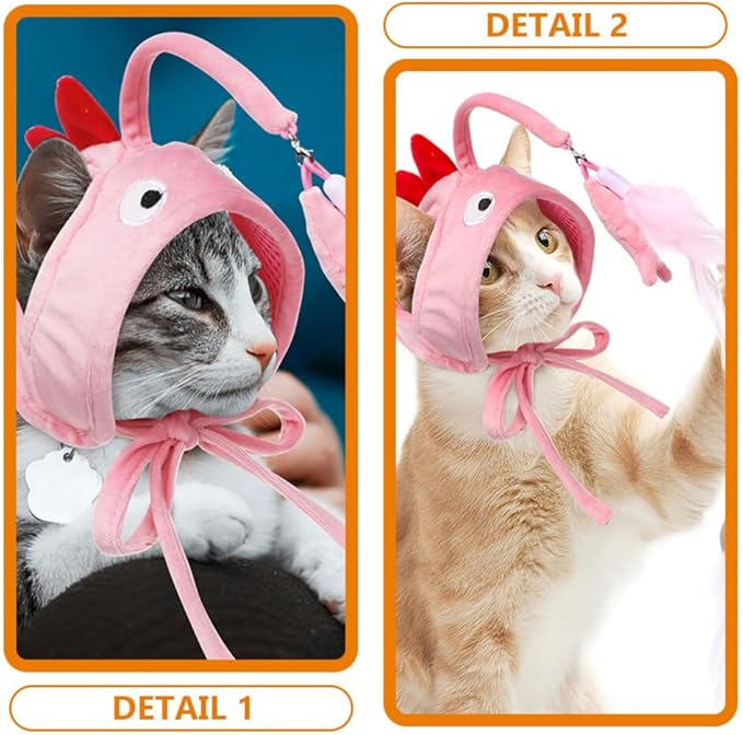 POPETPOP Pet Cat Teaser 2pcs Head Mounted Cat Headgear Interactive Self-Service Adjustable Size Cat Hat Feather (Pink)