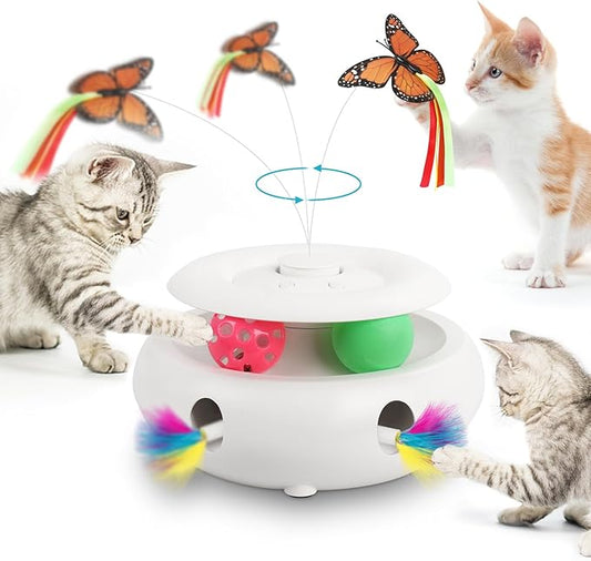 3-in-1 Interactive Cat Toys for Indoor Cats, Automatic 6 Holes Mice Whack-A-Mole, Fluttering Butterfly, Track Balls, USB Rechargeable, Ultra Fun Smart Interactive Kitten Toy (Ivory White)
