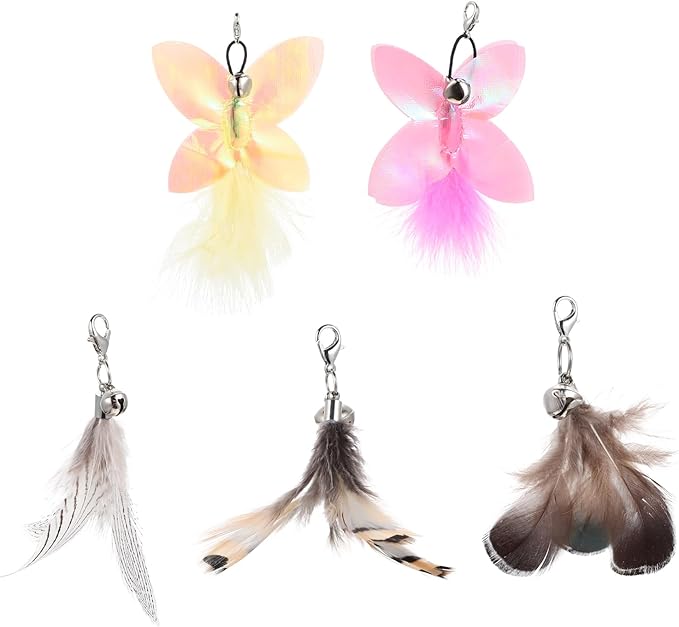 VILLCASE 5pcs Cat Feather Toys Replacement, Cat Wand Toy Refills Natural Feathers Replacement Teasers, Cat Wand Feather Refills Interactive Cat Toys with Bell Refills
