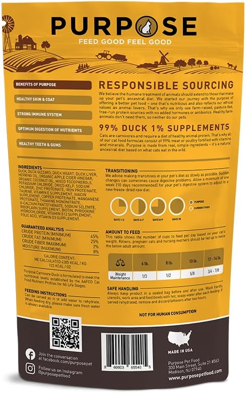 PURPOSE Freeze Dried Raw Cat Food, Grain Free Dry Cat Food, Complete Balanced Meal or Topper, Protein Rich Cat Food for All Breeds and Life Stages, Pure Duck Recipe Mini Nibs Entrée, 9 oz, USA Made