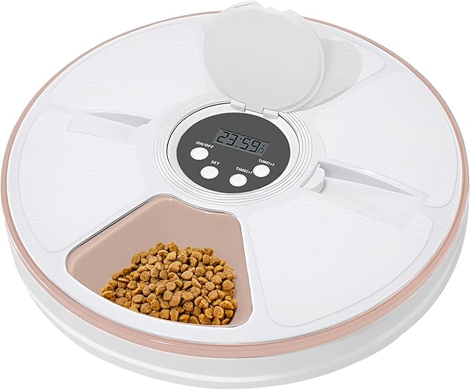 Automatic Cat Feeder Wet Food/Dry Food, 6 Meal Timed Pet Feeder Easily Programmable &Easy to Clean, Auto Feeder for Cats/Small Dogs(Pink)