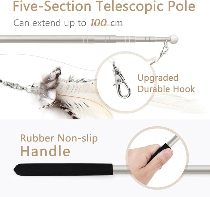 SONGWAY Cat Feather Toys Wand - 7 Pcs Interactive Cat Toys for Indoor Cat Kitten, Retractable Cat Wand Toy with 6 Natural Feather Refills with Bell, Cat Fishing Pole Toy