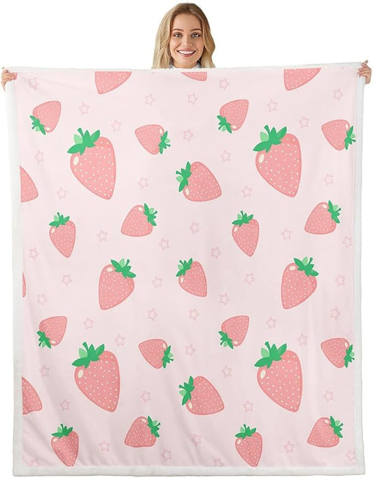 Feelyou Strawberry Print Fleece Blanket Kawaii Pink Strawberry Throw Blanket Cute Fruit Sherpa Blanket for Bed Sofa Couch Girl Room Decor Lightweight Plush Fuzzy Blanket Twin 60"x80"