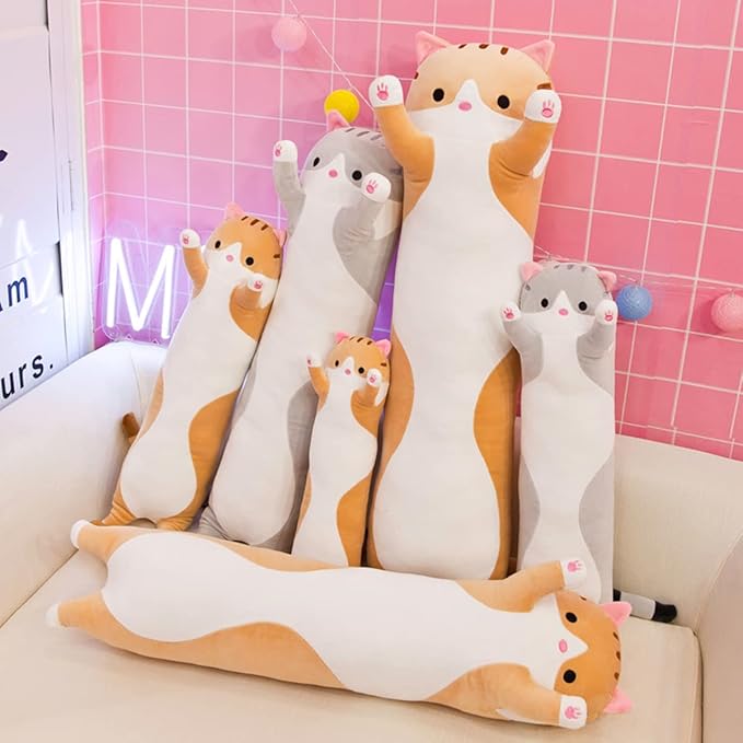 Long Yellow Cat Plush Pillow Toy Sleeping Pillow Cute Cartoon Cat Stuffed Animals Soft Long Body Pillow Gift for Kids (27.55in)