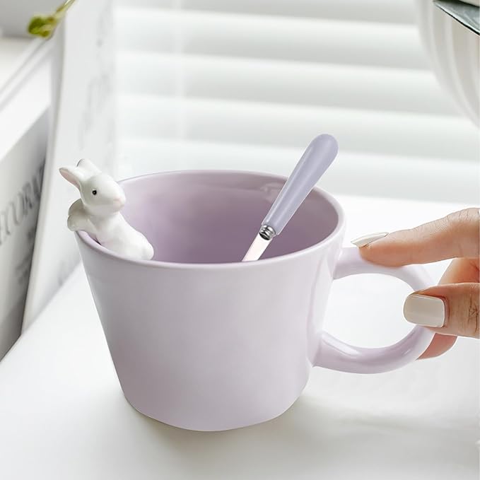 BigNoseDeer Cute Easter Bunny Mugs with 3D Rabbit Inside Ceramic Bunny Coffee Mug with Spoon Cute Gifts Easter Gifts for Women Kids 12oz (Purple)