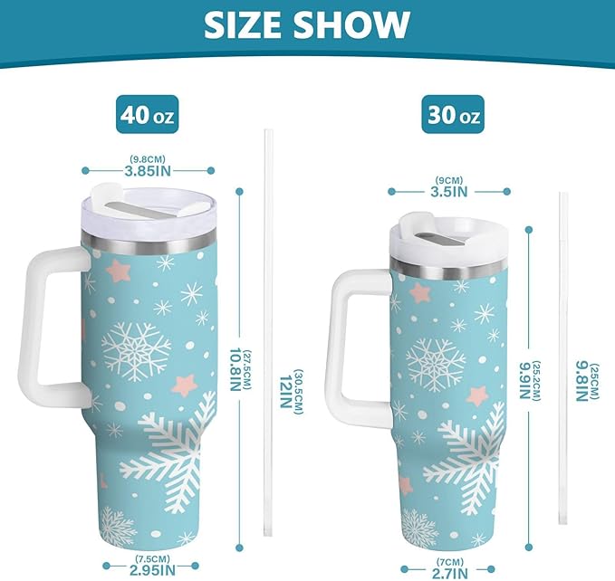 Boccsty Blue White Snowflakes Christmas Insulated Tumblers Reusable Stainless Steel Tumbler 40 oz Cup Coffee Travel Mug Water Bottle with Handle & Flip Straw for Home Office Car