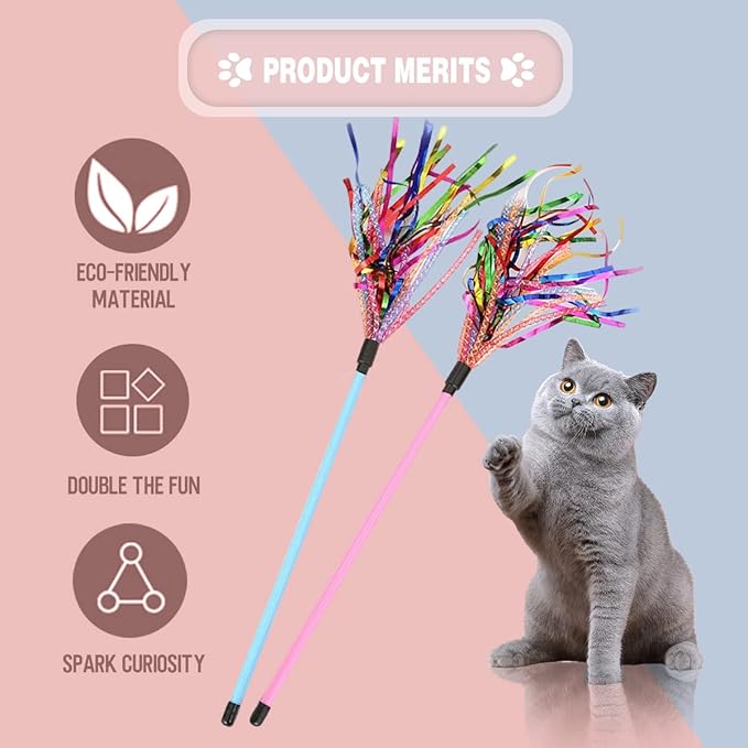 Cat Toy Wand 2PCS Interactive Cat Feather Toy Cat Teaser with Sound Paper Tassels and Soft Line Tube(Pink+Blue)