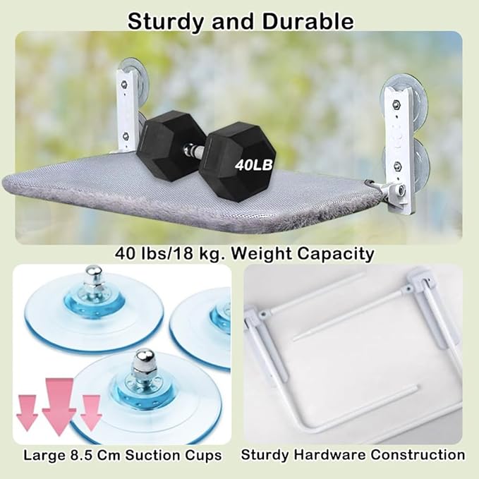 Marchul Cat Window Perch with Feather Bell Cat Wand, Foldable Cat Window Hammock, Cat Bed Window with 4 Strong Suction Cups, Sturdy Metal Frame and Soft Cover Available for All Seasons