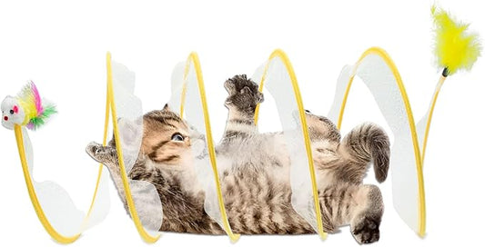 Folded Cats Tunnel Toy for Cats, Collapsible Cats Spring Tunnels Toy with Feather Mouse Toys, Played Tunnels Cats Tunnel Bed Tube Inside Cats, Interactive Cats Toy for Puppy Kitten