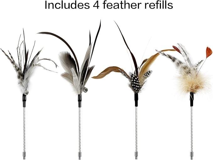 Cat Wand Toys, Flexible Spring and 4PCS Cat Feather Toys Cat Teaser Toy Refills, Interactive Cat Toy Wand Kitten Toys for Indoor Cats and Kitten to Play Chase Exercise…