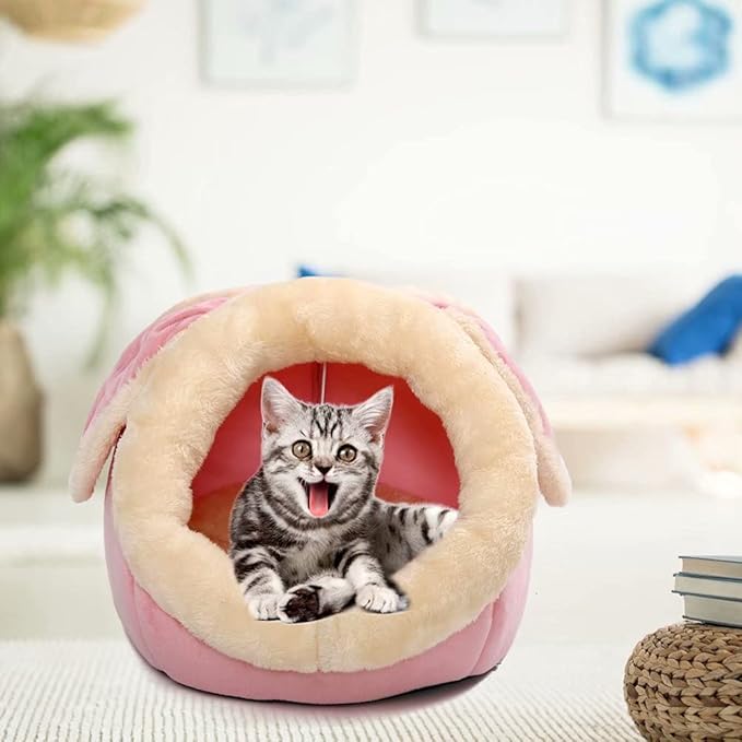 Cat Beds for Indoor Cats - Small Dog Bed with Anti-Slip Bottom, Rabbit-Shaped Cat/Small Dog Cave with Hanging Toy, Puppy Bed with Removable Cotton Pad, Super Soft Calming Pet Sofa Bed (Pink Large)