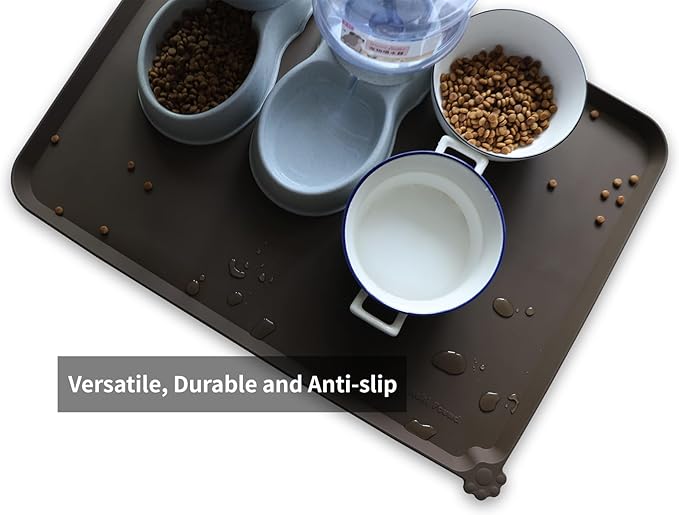 Hoki Found X-Large Silicone Pet Food Mats Tray - Non Slip Pet Dog Cat Bowl Mats Placemat - Dog Pet Cat Feeding Mat - Waterproof Dog Cat Food Mats -Pet Water Mats for Carpet - Coffee