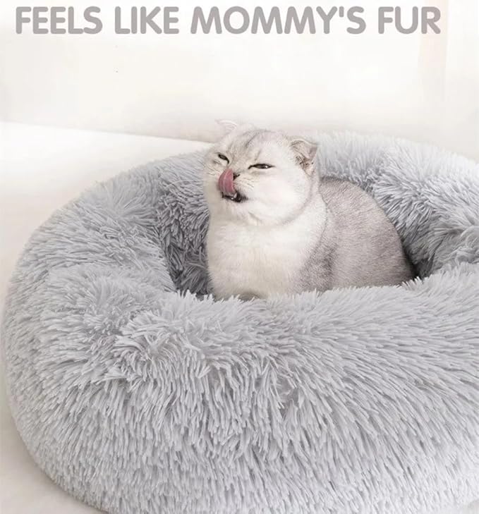 Cat Beds for Indoor Cats - Cat Bed Washable 20/24 inches, Dog Beds for Small Medium Dogs, Anti Anxiety Round Fluffy Plush Faux Fur Cat Bed, Thick Bottom (Light Grey, Medium)