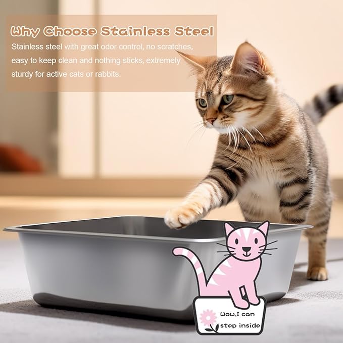 2Pcs Stainless Steel Litter Box For Cats, Metal Cat Litter Box, Stainless Steel Open Cat Litter Pan, Never Absorb Odor Stains,rustproof, Easy Cleaning Litter Pan For Cat, Dog & Rabbit long-lasting Pan