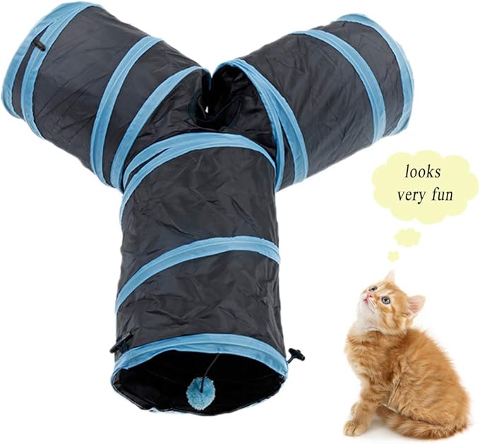 Cat Tunnel, Andiker Cat Tunnel Pet Tube Collapsible Play Toy Indoor Outdoor Toys for Puzzle Exercising Hiding Training and Running with Fun Ball and 2 Holes (Blue)