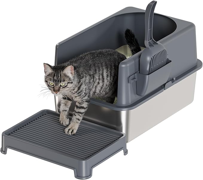 High-Sided Stainless Steel Cat Litter Box,Stainless Steel Litter Box with Lid,Extra Large Litter Box,Easy-to-Clean Metal Litter Pan for Cats (20''L X 14''W X 12''H with Scoop&mat)
