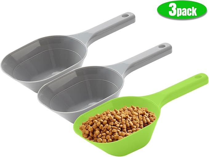 3PCS Dog Food Scoop, 1 Cup Plastic Pet Food Scoop with Measuring Lines 1/2 Cup and 1 Cup for Dogs, Cats, Birds and Rabbits(2 Grey and 1 Green)