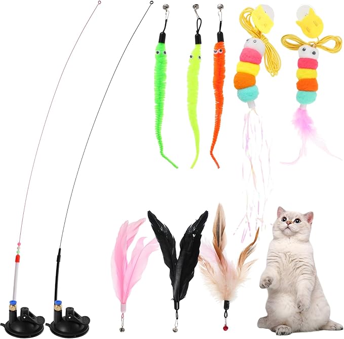 8pcs Cat Feathe Toys, Interactive Cat Toy for Indoor Cats, Suction Cup Cat Toys for Indoor Cats, Replacements Feathers Worm, Hanging Cat String Toy for Bored Indoor Kitten