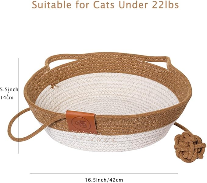 Handwoven Cotton Rope Cat Bed Cat Hammock Foldable Sleeping Nest Basket Handmade Natural Cradle Scratcher Cuddler for Kitten Cute Style with a Playing Rope Ball
