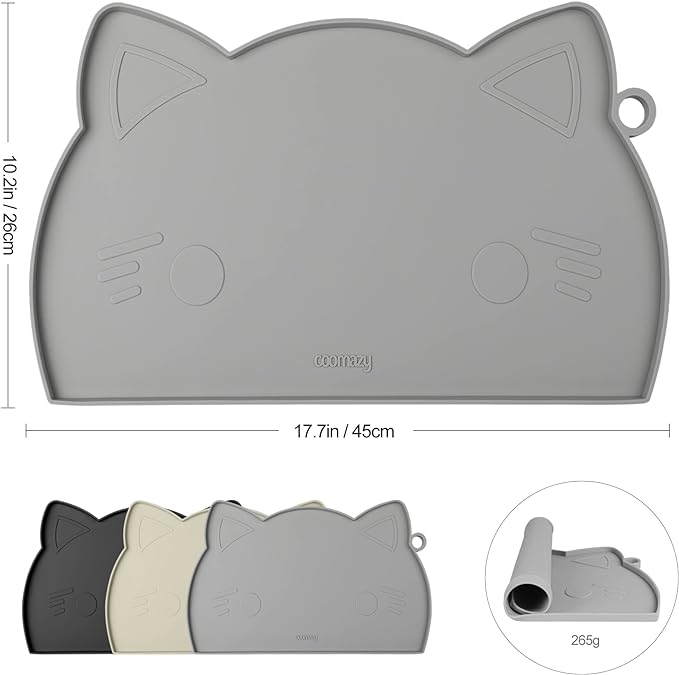 Coomazy Thicker Non-Slip Silicone Dog Mat with Raised Edge - Waterproof, Prevents Food Spills and Water Runoff (Gray, Medium)