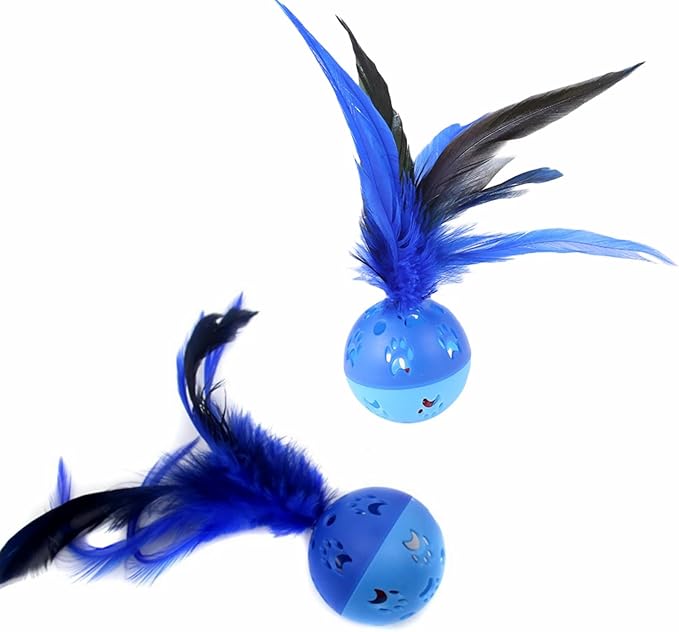 BeeSpring Cat Balls Interactive Cat Toy Cat Feather Balls with Loud Bell Inside (2Pcs Blue)