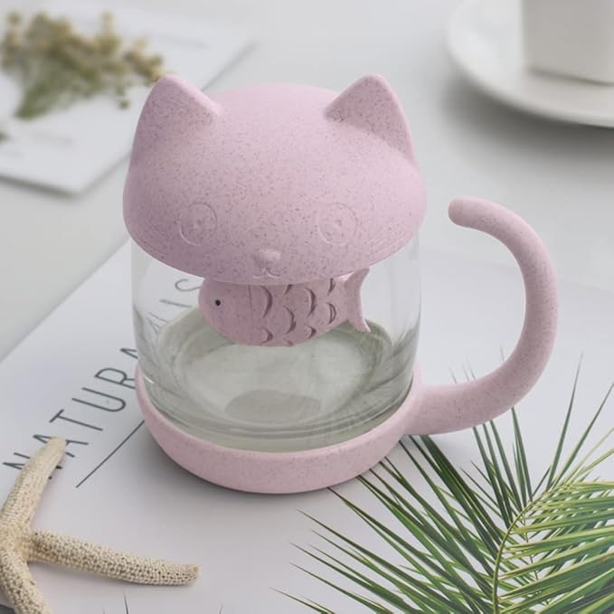 BigNoseDeer Cat Tea Cup Cute Mug Glass Pot with Fish Infuser for Loose Leaf Tea (Pink 8oz)