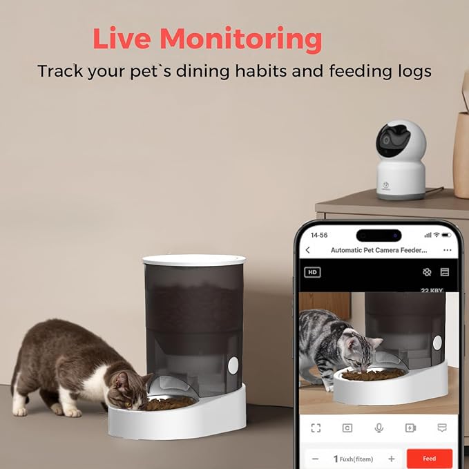 Automatic Cat Feeder and External Camera(2.4/5G WiFi), Rechargable 5G WiFi Pet Feeder with APP Control, 1080P HD Video with Enhanced IR Night Vision,Two-Way Voice Call Camera