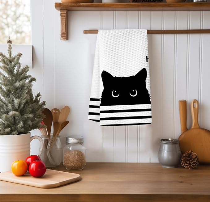 Black Cat Kitchen Towels, Funny Cat Decor for Home, Waffle Weave Microfiber Towel, 1624 Inches