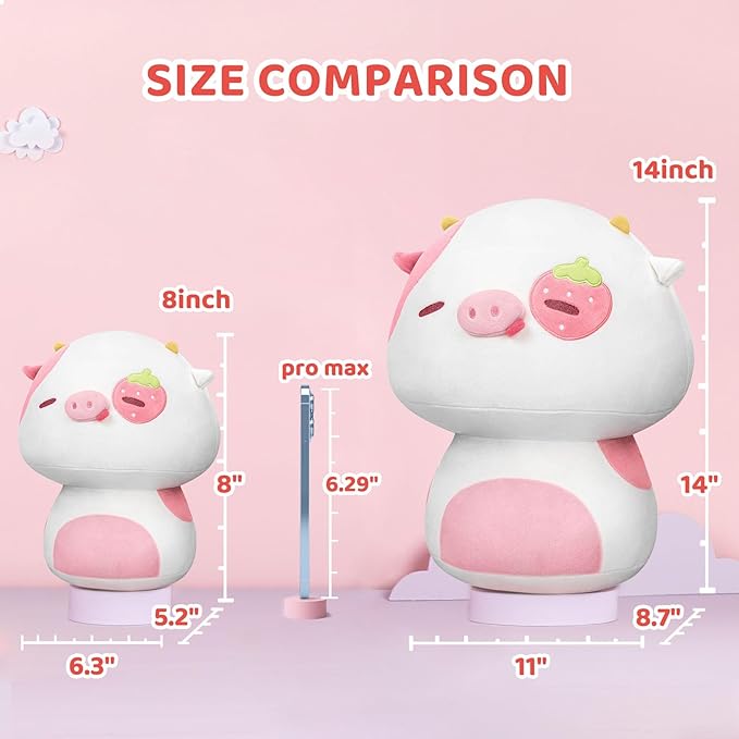 Squishy Cloud-Like Softness, Trending Kawaii Strawberry Cow Mushroom Plush Pillow, A Must-Have Collectible for Young Adults, Perfect for Kids, Toddlers Girls, Stuffed Animal (8")