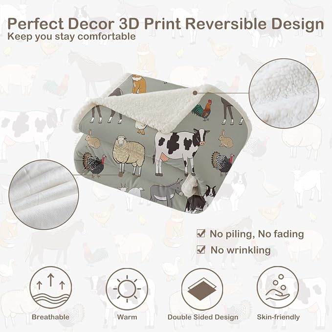 Sleepwish Farm Animals Fleece Blanket for Couch: Soft Sherpa Blanket for Animal Lovers - Cow Print Throw Blanket (50" X 60")