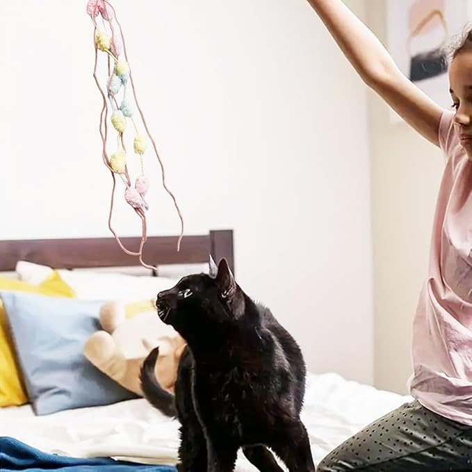 IUHKBH Cat Wands, 3 PCS Interactive Cat Teasing Stick with Vibrant Colours and Bell Plush Srtip Cat Toys Wooden Pole Cat Teaser Wand for All Breed Sizes