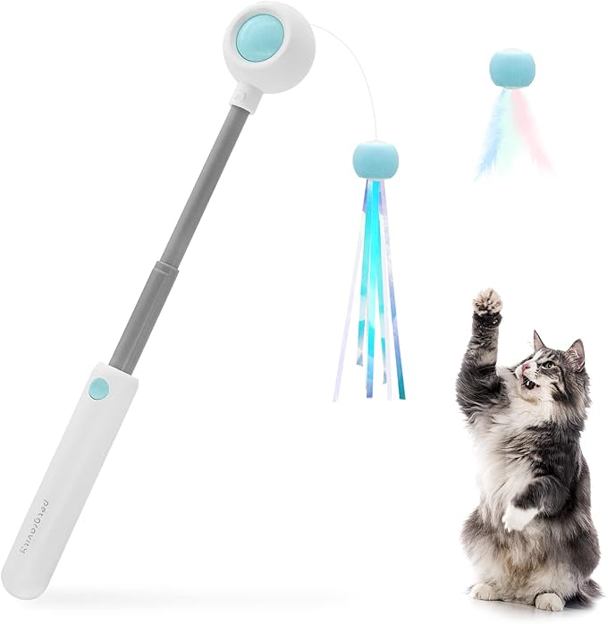 Andiker Cat Teaser Stick, Retractable Cat Wand with Replacement Head, Cat Feather Toy, Cat Interactive Toy for Indoor Cats for Relief Boredom and Exercise (Blue)