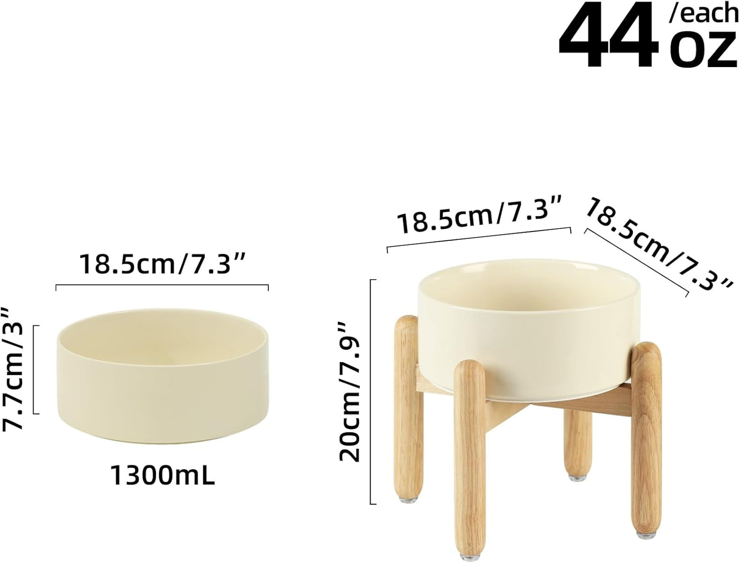 Ceramic 7.3inch Raised Dog Bowl Set, Elevated with Wooden Stand, Food and Water Bowl for Medium Breed Dogs, Weighted Dog Dishes, Pet Feeder(Beige)
