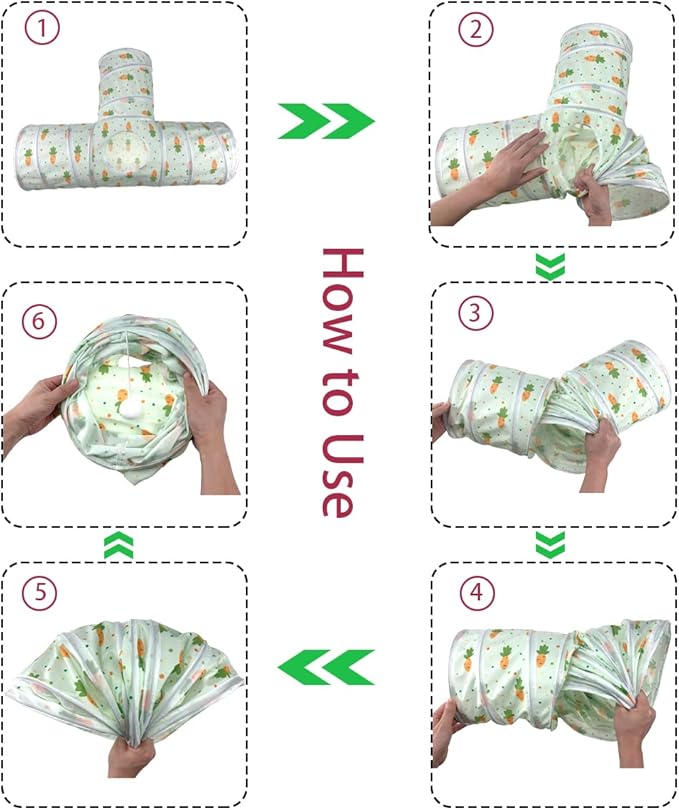 Vehomy Bunny Rabbit Tunnels Rabbit Cat 3 Way Collapsible Tunnel with Cute Carrot Patterns Small Pet Hideout Activity Tunnel Tube Toy for Bunny Kitten Cat Dwarf Guinea Pig T Shape