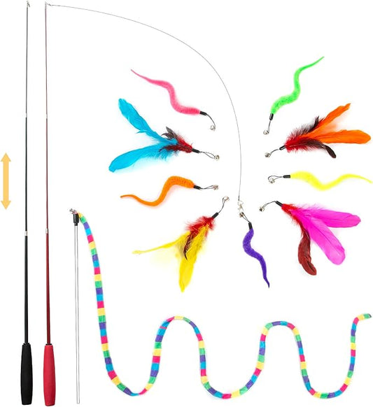 FYNIGO Interactive Cat Kitten Wand Toy Set,2 Retractable Fishing Pole+1 Rainbow Teaser Wand+9 Refills +2 Spare Hook,Funny Cat Feather Toys for Indoor Cats and Kittens to Chase Exercise(14 Pack)