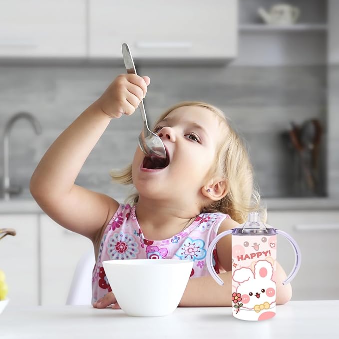 6 Pack Sublimation Blanks Sippy Cup Baby Bottle with Handles Straight Stainless Steel Insulated Skinny Tumblers with Splash proof Lid 12 oz Shatterproof Water Tumbler