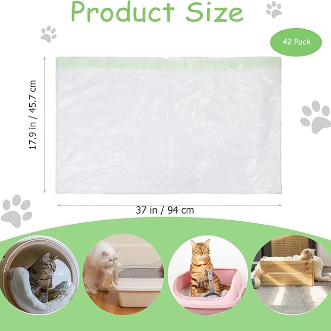42Pcs Sifting Cat Litter Box Liners with Holes, Large Drawstring Cat Litter Pan Bags Cat Waste Litter Bags Pet Cat Supplies (37" x 18")