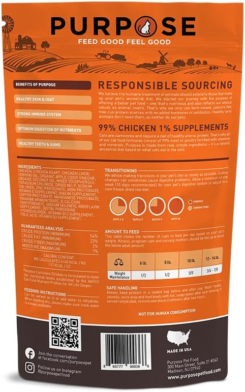 PURPOSE Freeze Dried Raw Cat Food, Grain Free Dry Cat Food, Complete Balanced Meal or Topper, Protein Rich Cat Food for All Breeds and Life Stages, Pure Chicken Recipe Mini Nibs Entrée, 9 oz, USA Made